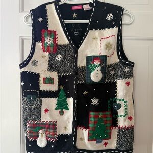 Pappagallo Black Sweater Vest with Festive Embroidery Ugly Christmas party!